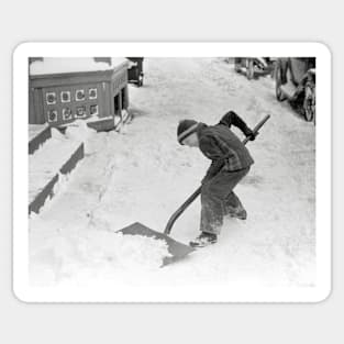 Boy Shovelling Snow, 1940. Vintage Photo Sticker